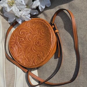 Patricia Nash Brown Leather Embossed Circle Crossbody Bag